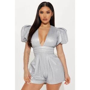 NWT Medium Silver Puff Sleeve Mesh Rhinestone Shining Bright Glitter Romper